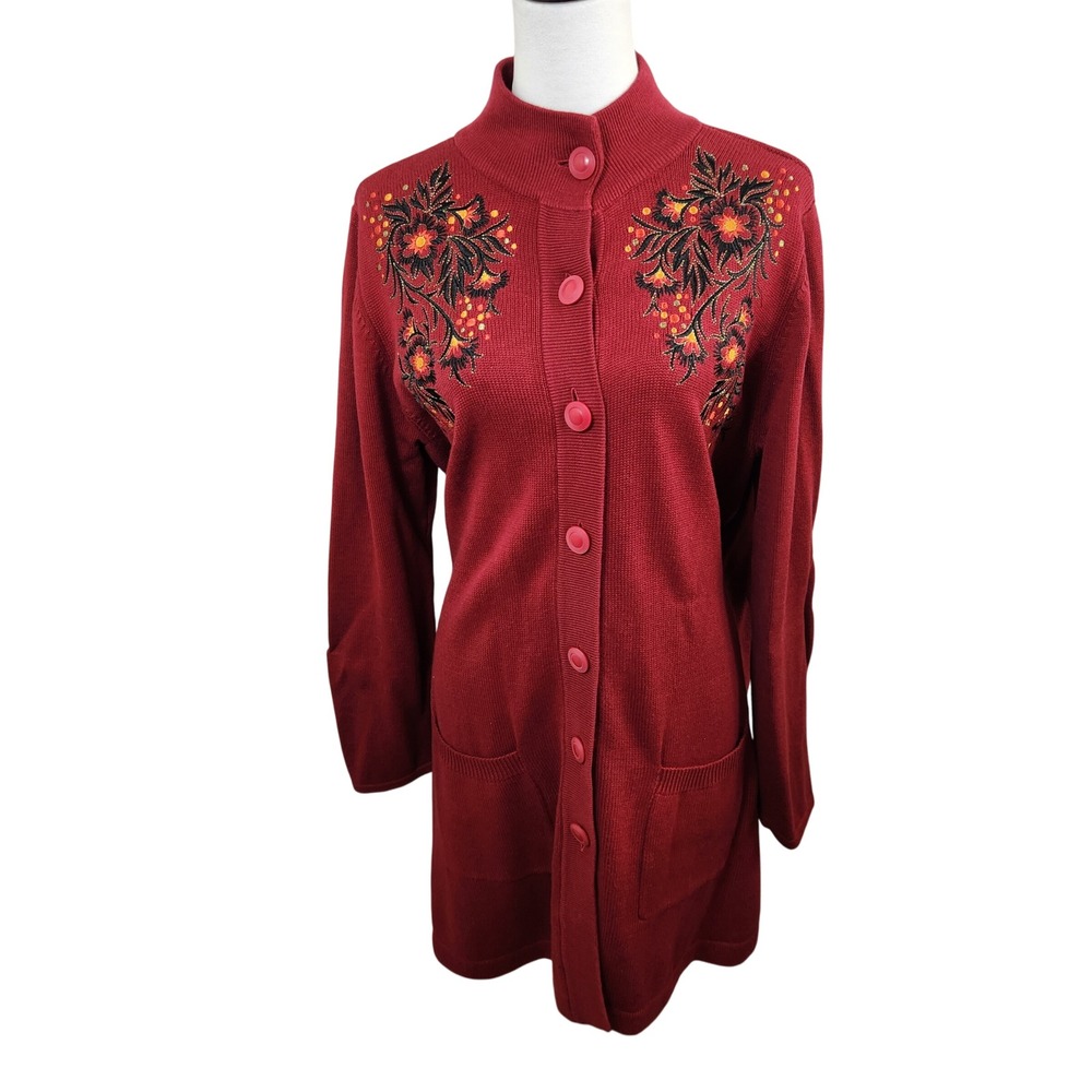 Bob Mackie Wearable Art Red Floral Embroidered Knit Cardigan‎ Duster Womens XL